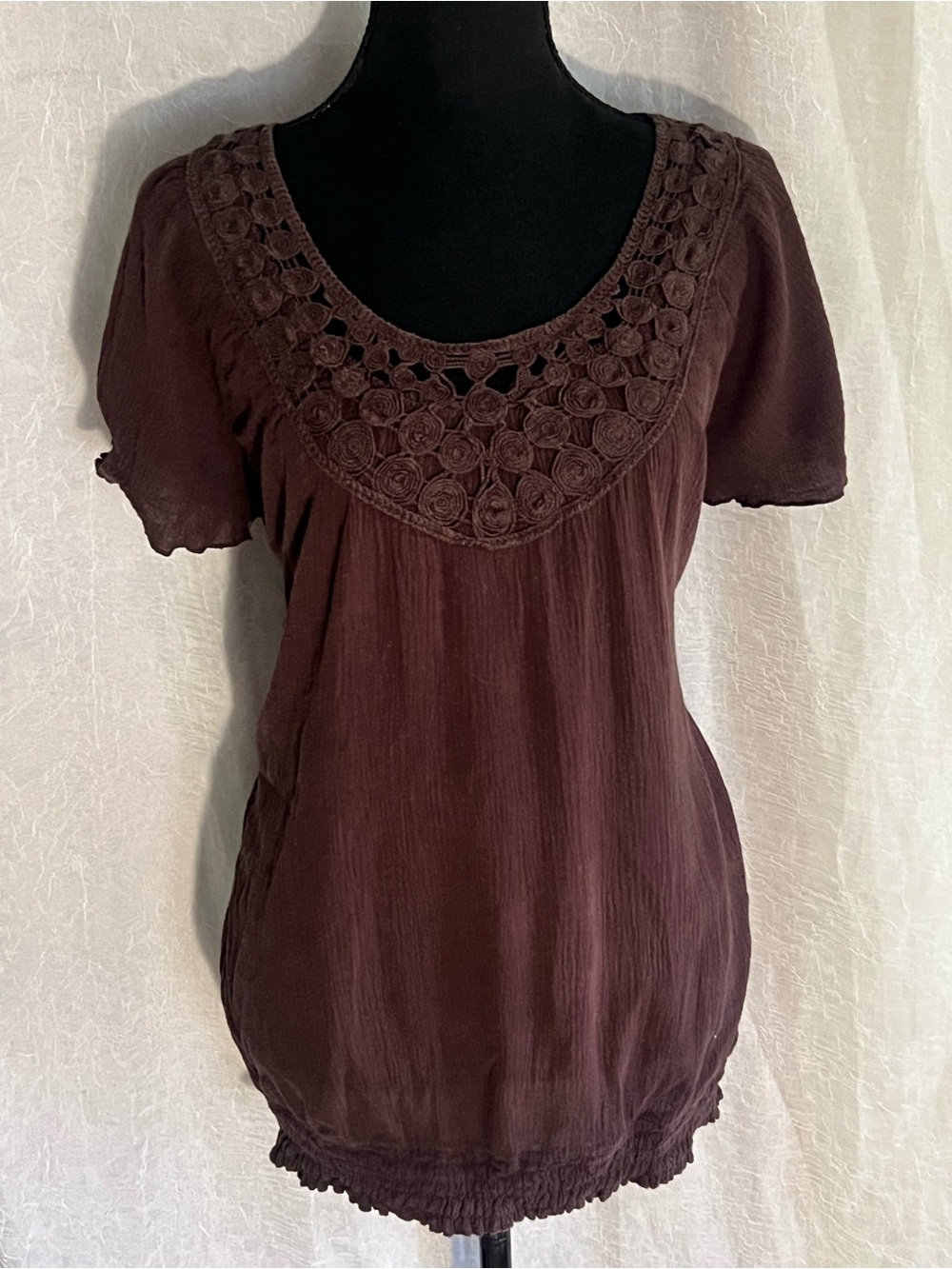 Maurices Chocolate Brown Crochet Yoke Short Sleeve top